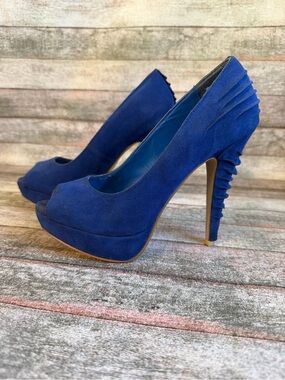 Qupid Royal Blue Suede Peep-Toe Platform Pumps